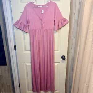 Bacon River Pink Maxi Dress Womens L Boho‎ Empire Waist Button Front